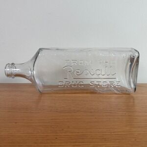 Vintage Rexall Drug Store Glass Bottle 32 oz Amber Embossed Medicinal Apothecary